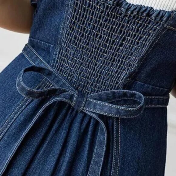 Smocked Button Decor Dark Wash Denim Tie-Up Midi-Maxi Dress - Picture 6 of 6